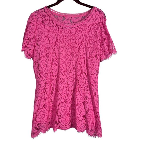Isaac Mizrahi Top Women L Pink Floral Lace Feminine Ballerina Coquette Fringe - Picture 7 of 11